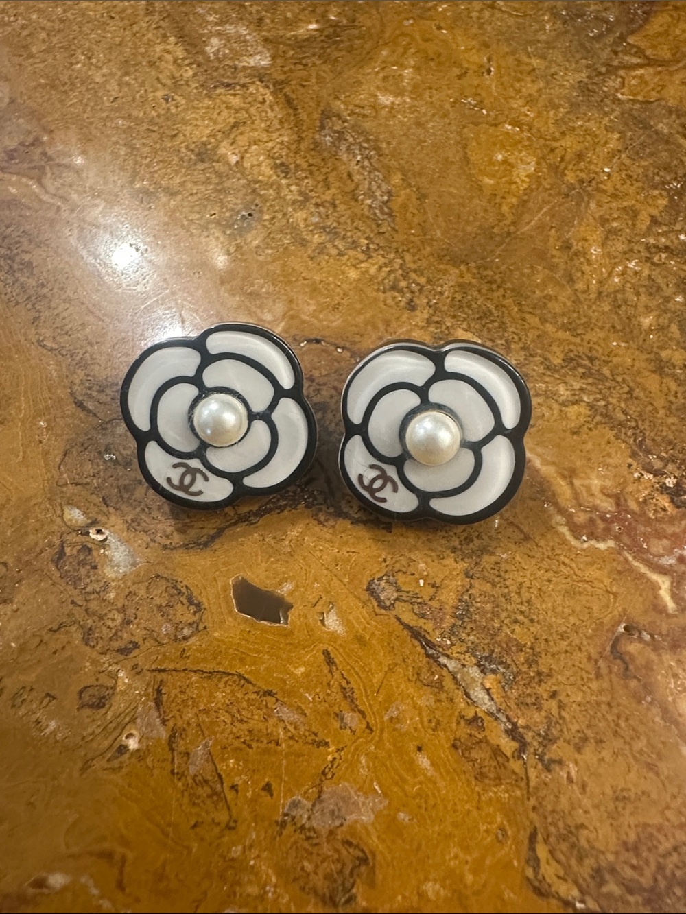 CHANEL White and Black Camellia Pearl Earrings